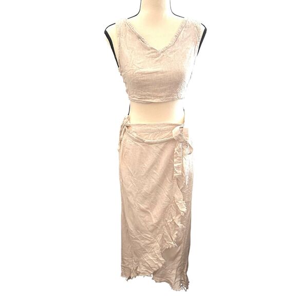 OCEANA BOUTIQUE TULUM Linen Midi Skirt Set‎ Cream One Size - Picture 1 of 4
